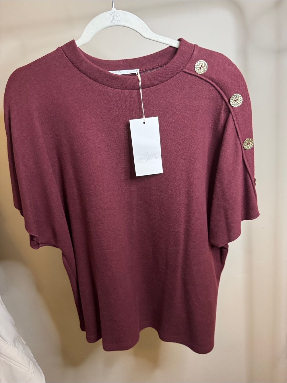 Zara Wine Short Sleeve Tee with Shoulder Button Detail